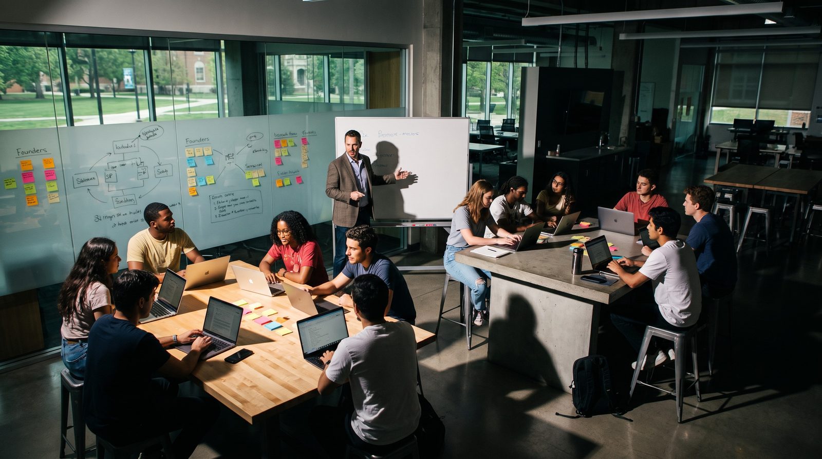 Founders and mentors working together during a Venture Launch Accelerator session in a university setting