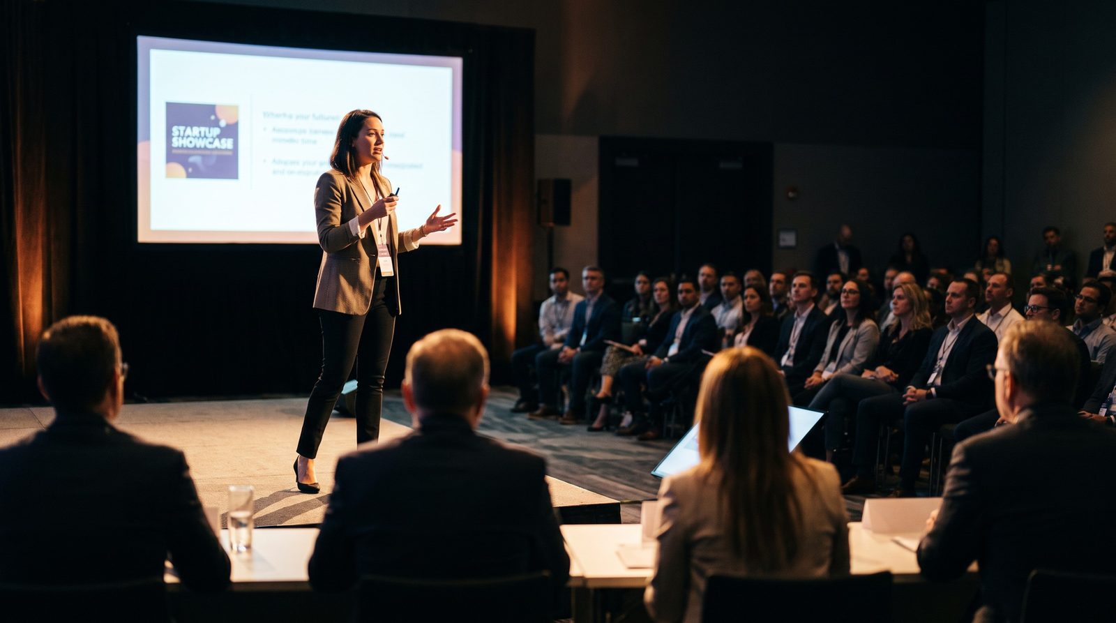 A founder pitching on stage to a panel of judges with an audience seated behind them at the Carolina Tech Founders Tech Pitch Competition